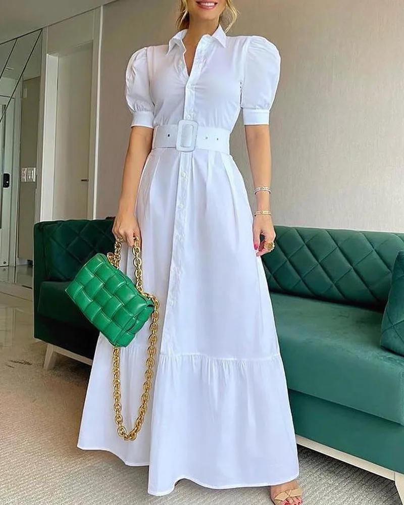 Summer Lapel button breasted puff sleeves casual high waist temperament dresses mid length is thin dress
