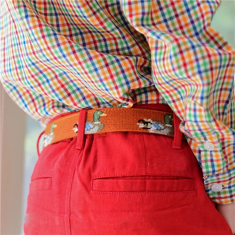 Custom Mallard Duck Hand Stitched Needlepoint Children Leather Belts