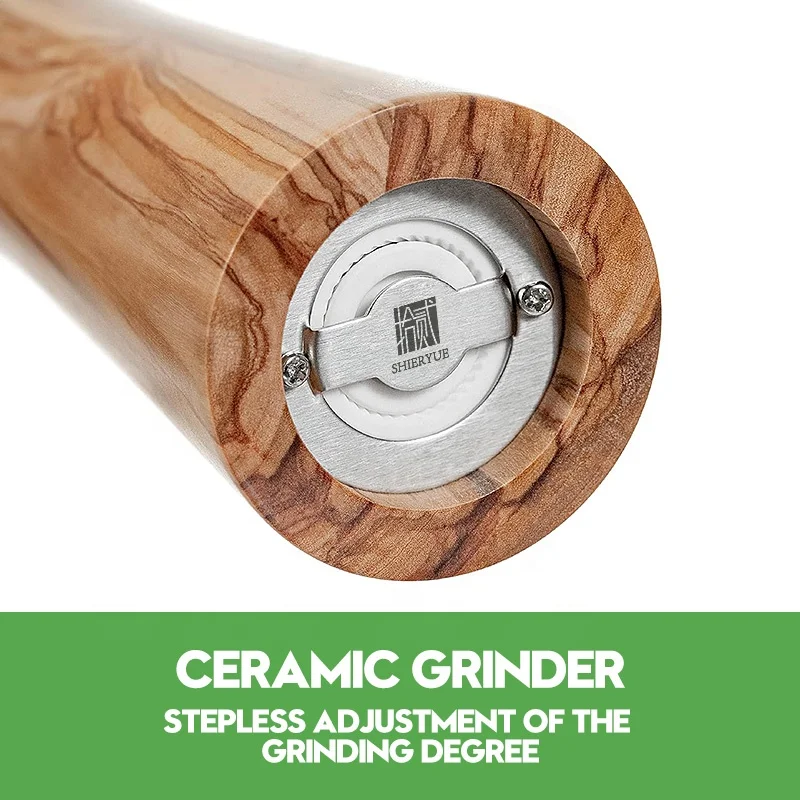 Custom Acacia Wood & stainless steel spice mills wood salt and pepper grinder mill with saucer and spoon