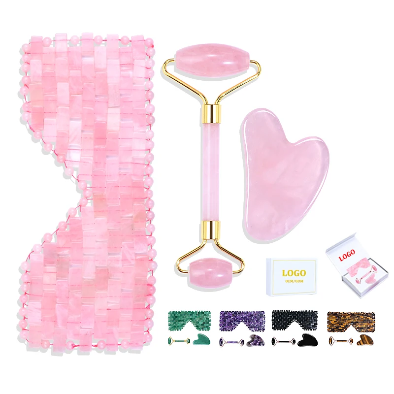 Натуральная Нефритовая роликовая маска для глаз Guasha и набор нефритовых роликов гуаша с логотипом на заказ из розового кварца Массажер ухода за кожей