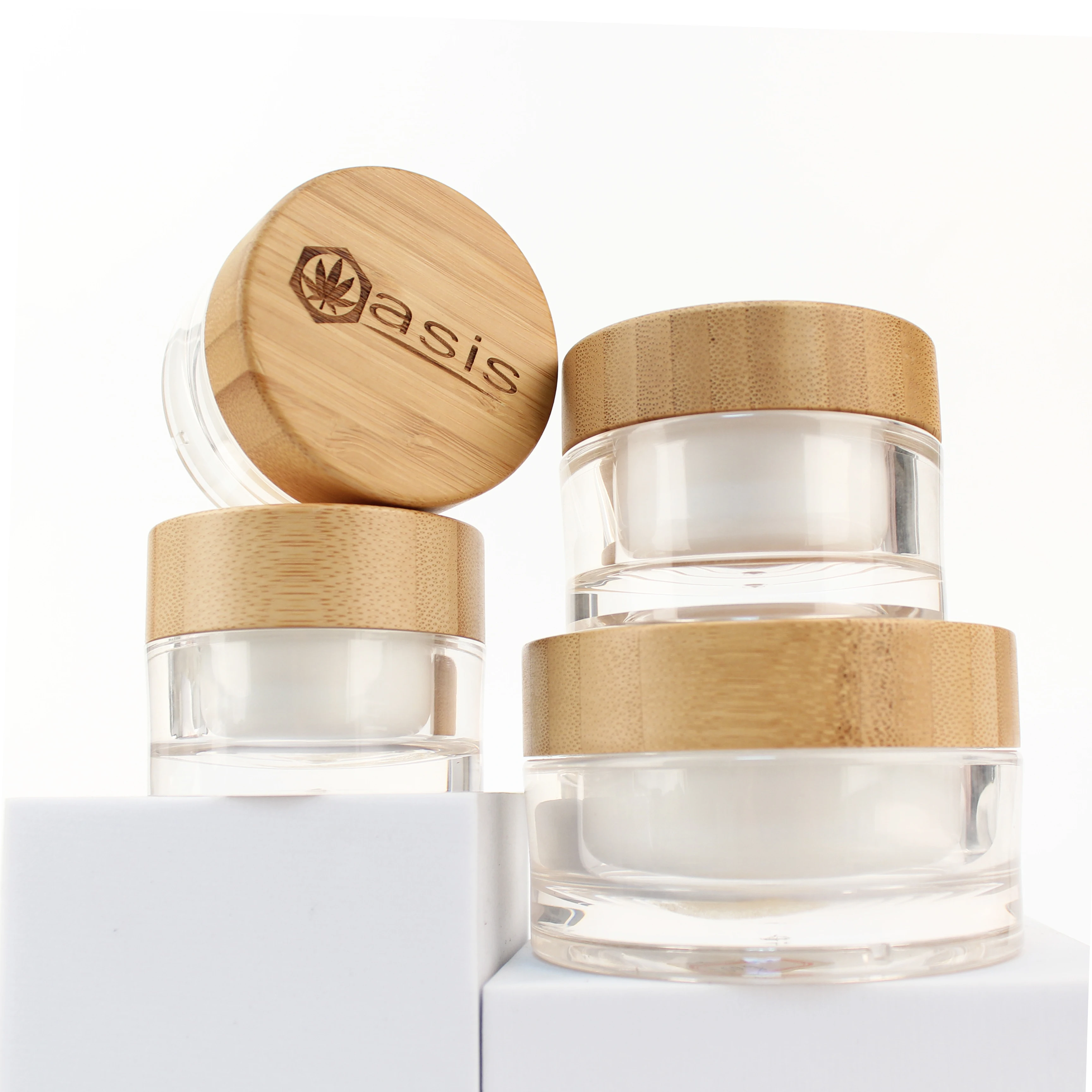 Skin care packing 15g 30g 50g 100g cosmetic plastic cylinder face eye cream acrylic jars pot with bamboo wooden lid AB-028C