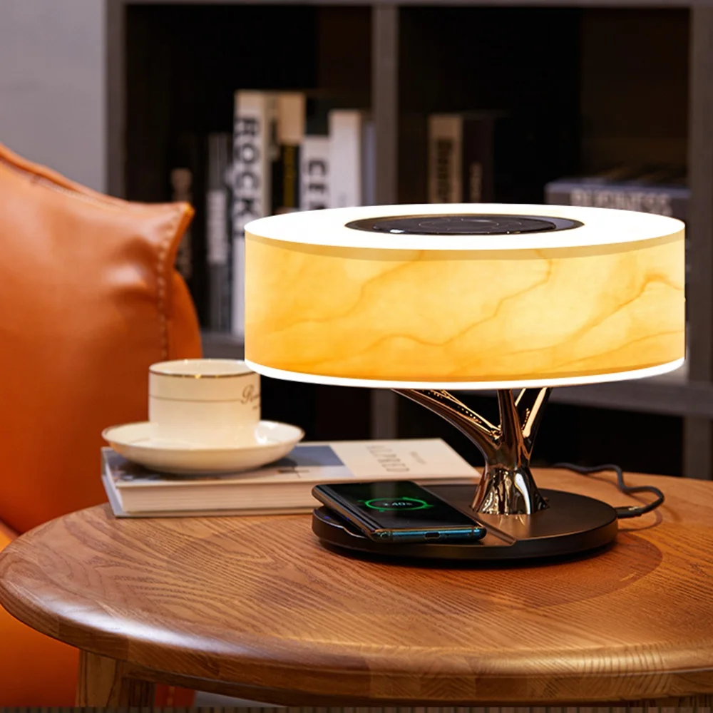 Amazon Dropshipping Trending Products 2024 New Arrival Wooden Smart LED Table Lamp with TWS Wireless Speaker Qi Wireless Charger