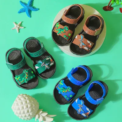 Cute Kids Shoes 2021 New Design Baby Cartoon Dinosaur  Soft Bottom Toddler Sandals PVC Green Blue Brown Slides Slippers