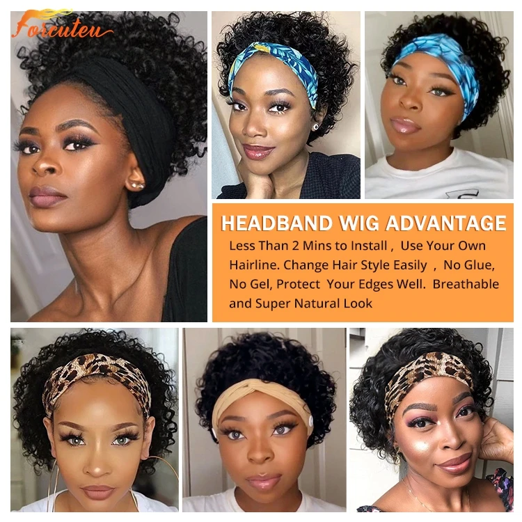 Forcuteu Wholesale Short Black Woman Raw Perruque Brazilian Cuticle Aligned Virgin Adjustable Afro Kinky Curly Human Hair Headband Wig