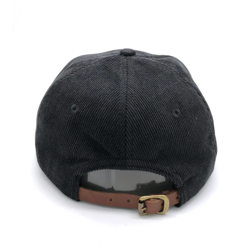 
custom 6 panel flat brim unstructured corduroy hat with leather strap 