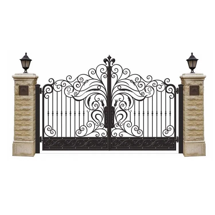 Decorative Customized Automatic Double Swing Courtyard Latest main door outdoor design wrought iron Gate