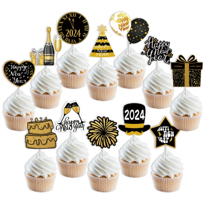 Gold Black Happy New Year hat Hello 2025 firework gift design Cupcake Toppers Cake toppers for Cheer New Year Eve Party supplies