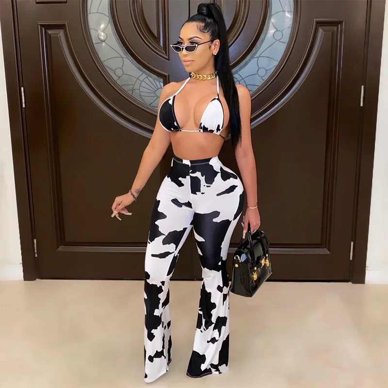 
Fashion cow print pants sets bra woman seamless pants sexy bikini lace up pants set 