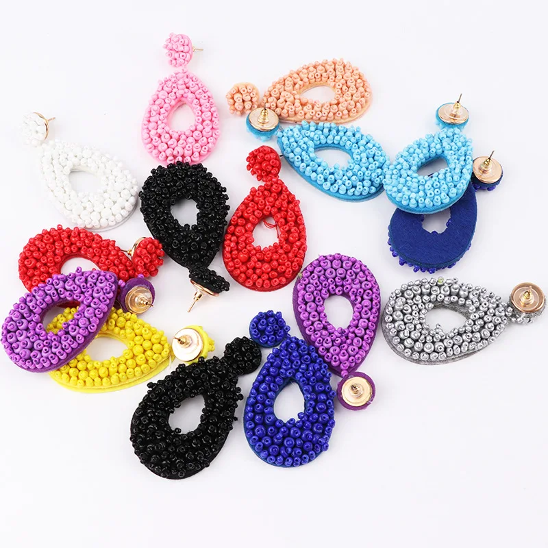 Statement Ethnic Bohemian Single Side Seed Rice Beads Geometric Oval Long Drop Earring for Women Handmade Fashion Jewelry