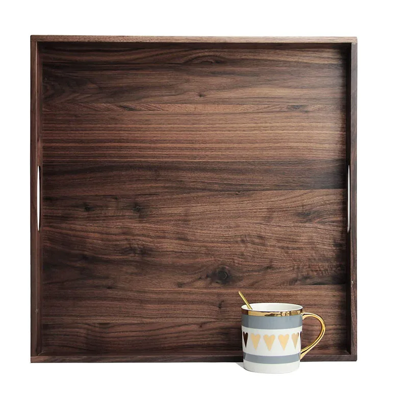 Large Square Black Walnut Wood Ottoman Tray with Handles, Serve Tea, Coffee Classic Wooden Decorative Serving Tray
