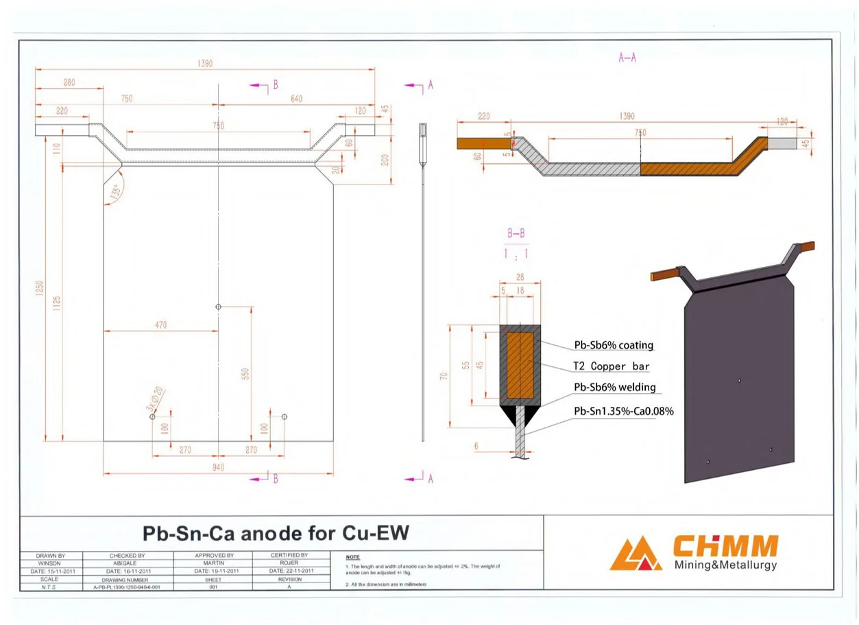 Lead-Silver (Pb-Ag) anode plate for zinc (Zn) electro-refining