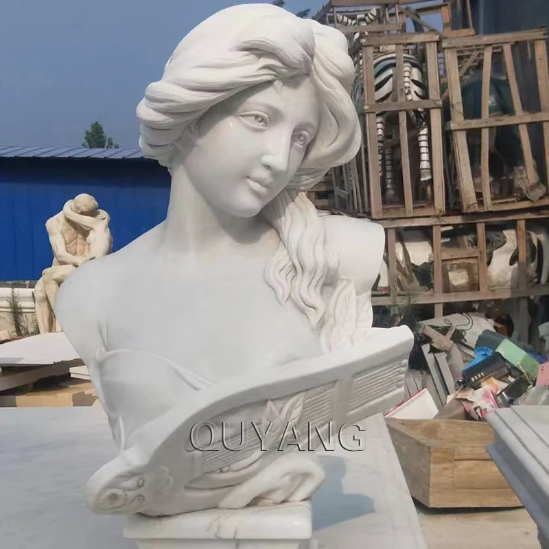 QUYANG Life Size Antique Home Decoration White Marble Young Girl Head Sculpture Lady Carving Stone Bust Statue