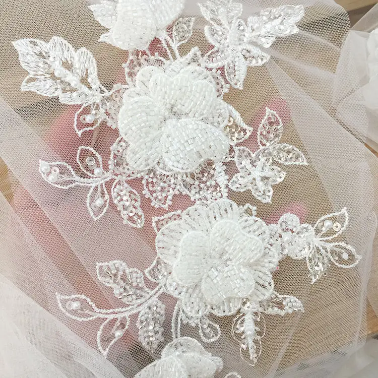 Haute Couture Rhinestone Beaded 3D Flower Lace Fabric Applique Bridal Hair Flower Wedding Headpiece Cape Veil Patch Motif