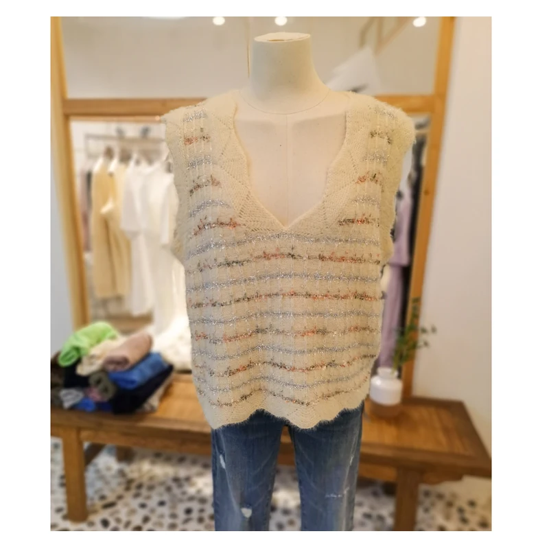 Пользовательские + секции окрашенная флаг пряжа стекло золото/Женская шерстяная пряжа жилет Весенняя жилетка трикотажная верхняя одежда с v-образным вырезом в стиле ретро свитер без рукавов
