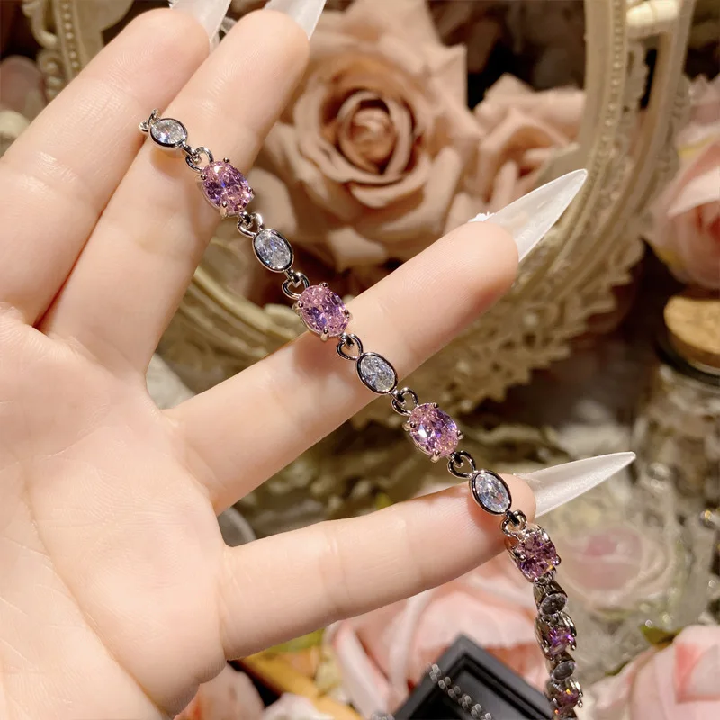 Factory wholesale pink zircon geometric petal bracelet 18K gold plated back cover exquisite hand jewelry for women