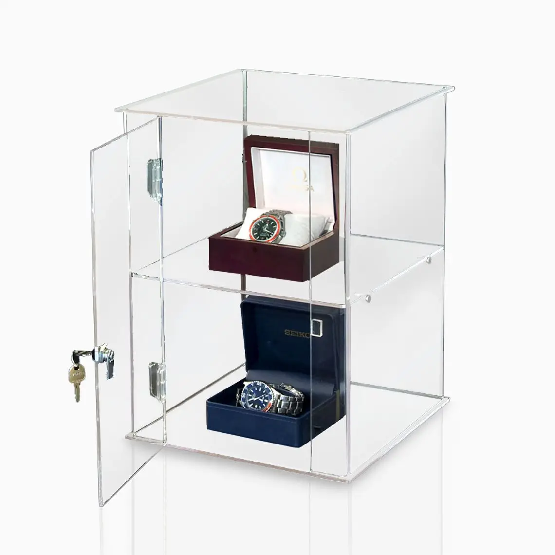 Factory custom clear acrylic camera watch display case fashional jewelry display cabinet with lock