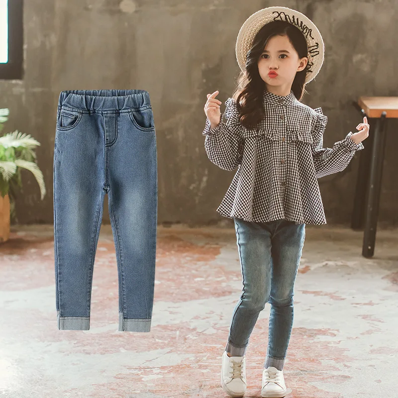 Новое поступление Весенняя оптовая продажа Корейская повседневная одежда для детей большие размеры синие модные джинсы девочек от китайского поставщика
