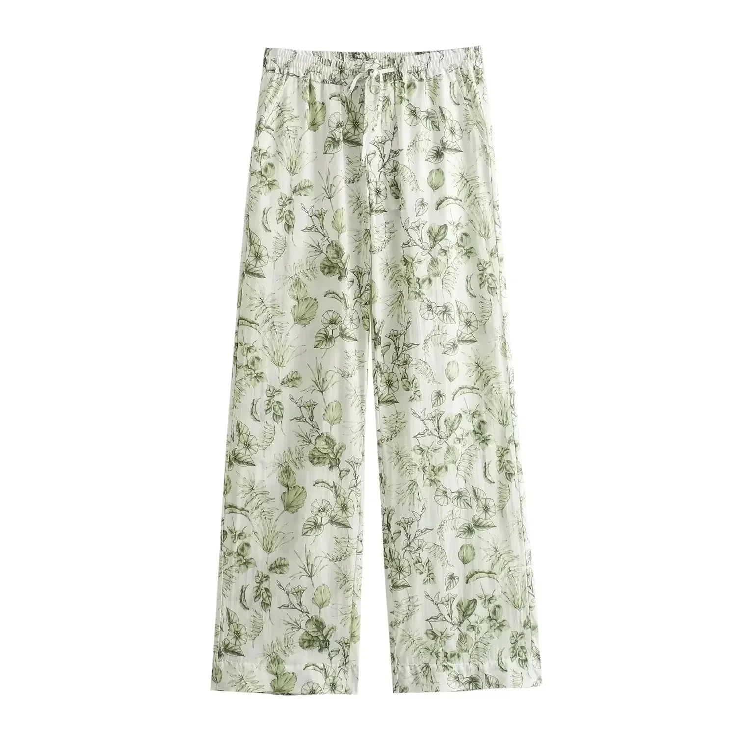 Drawstring waist floral print green color casual fashion long pants for women