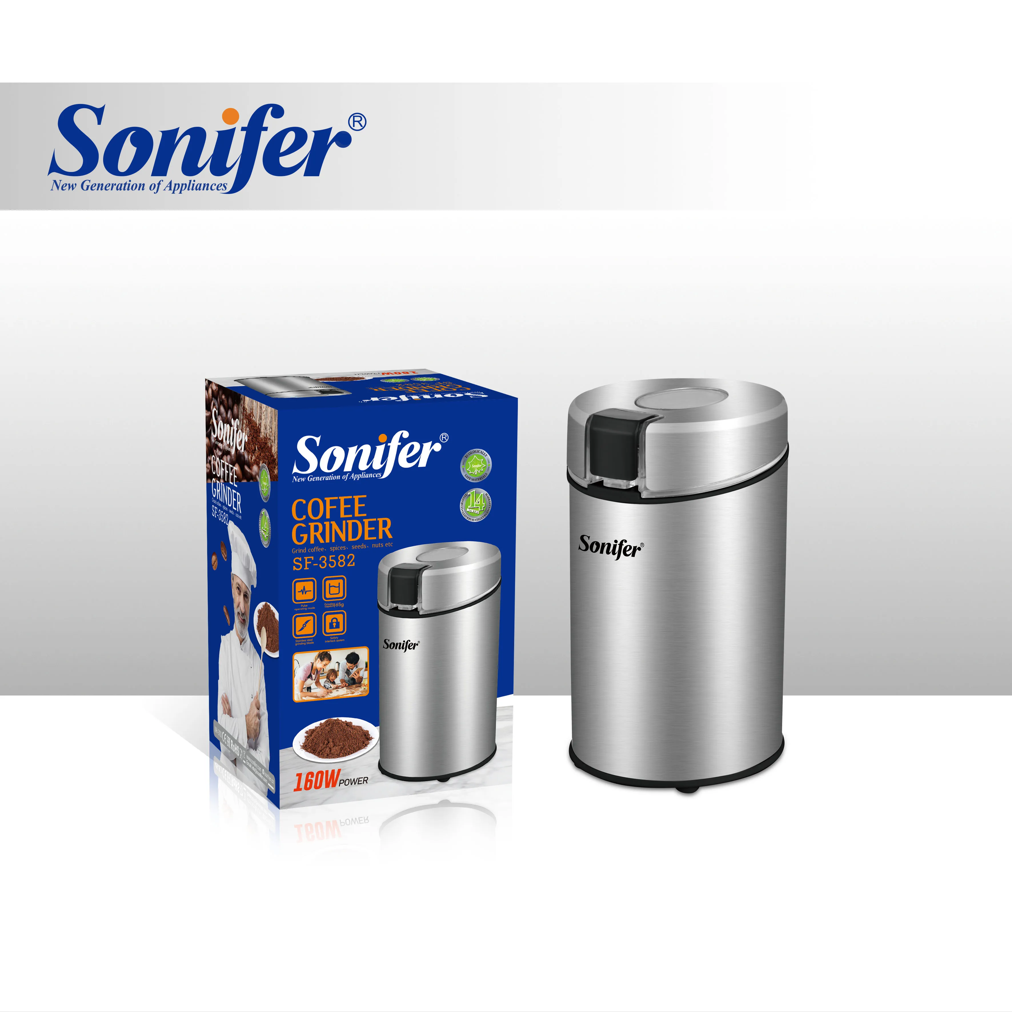Sonifer SF-3582 Wholesale New Household Dry 65g Bean Spice Motor Mini Electric Stainless Steel Coffee Grinder
