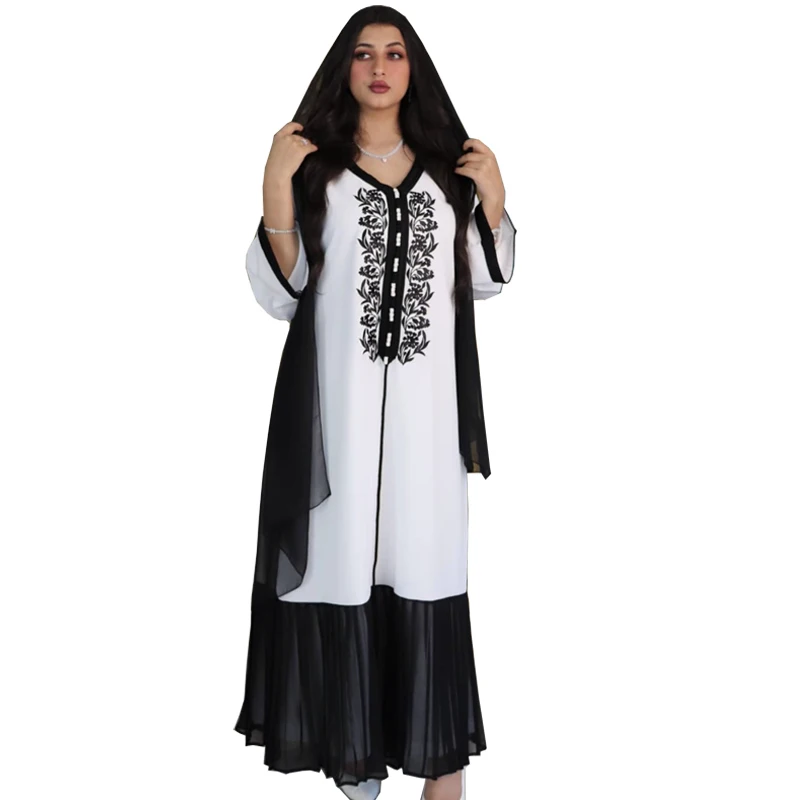2021 White Black Muslim Middle East Dubai Women Embroidered Chiffon Long Robe Dress Jalabiya Abaya Kaftan Caftan Gown