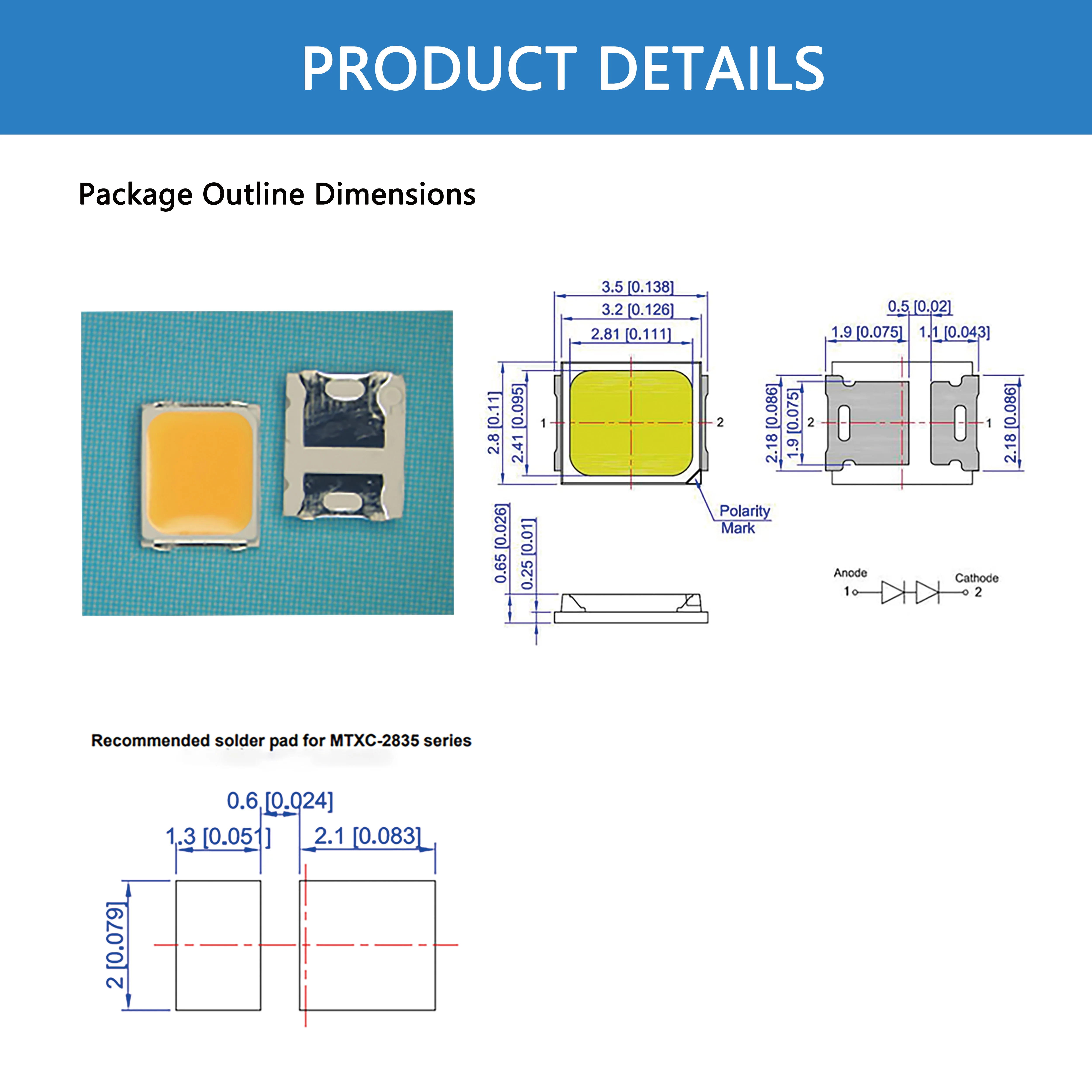 Customizable LED Chip BMTC 2835 SMD LED Patch Lamp Bead 3V-36V Voltage Range CRI 80-98 CCT 3000K-6000K Emitting Red Blue OEM ODM