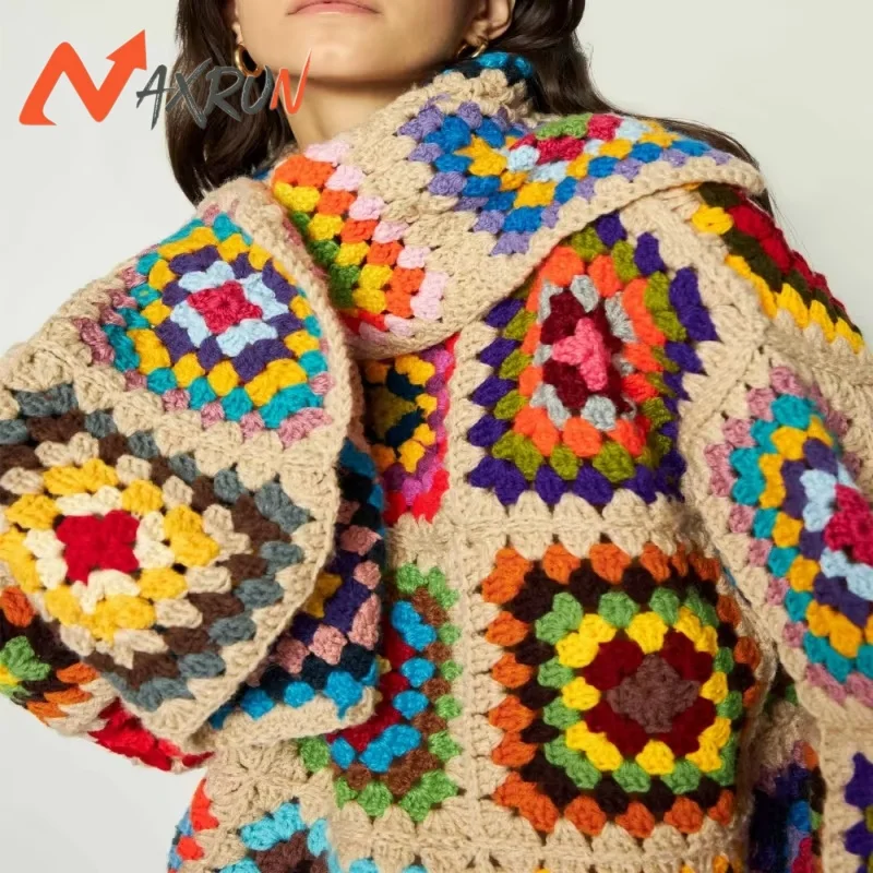 Fashion Design colorful  women tops Cardigan knitted choker sweater Square Hand Crochet Plaid Pattern knitted jacket
