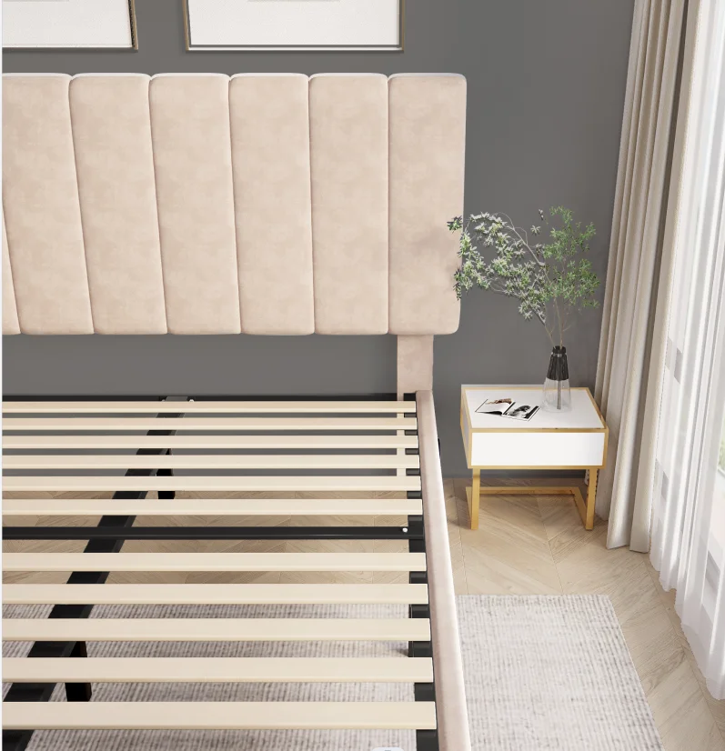 Custom Khaki Modern Twin  Bedroom Bed Sets Wrinkle Double Queen king Size Italian Designs Queen Fabric Storage Bed Frame