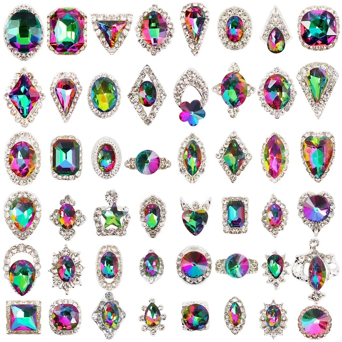 48 Pieces Different Shapes Colorful AB Iridescent 3D Crystal Diamonds Large Rhinestones Bowknot Charms Silver Metal Stones