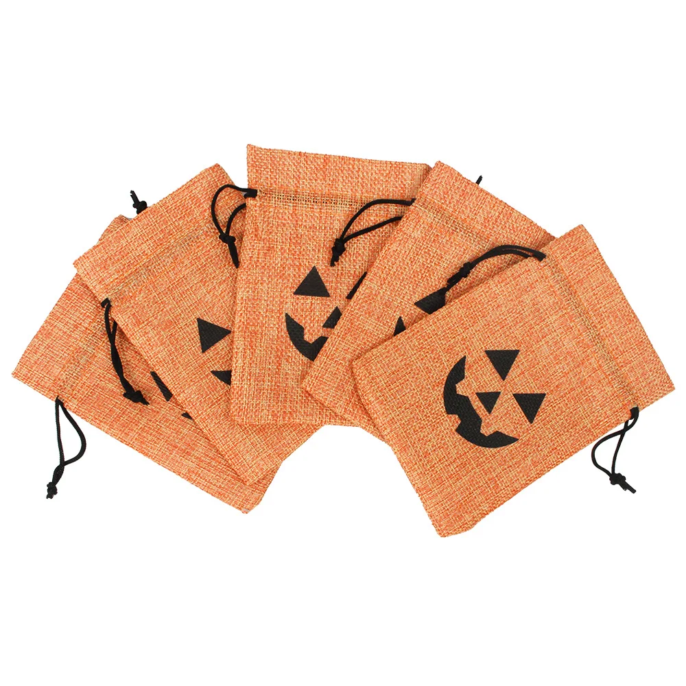 Manufacturer Halloween Pumpkin Linen Natural Color Hemp Candy Small Jack-O-Lantern Burlap Custom Printed Jute Drawstring Bag
