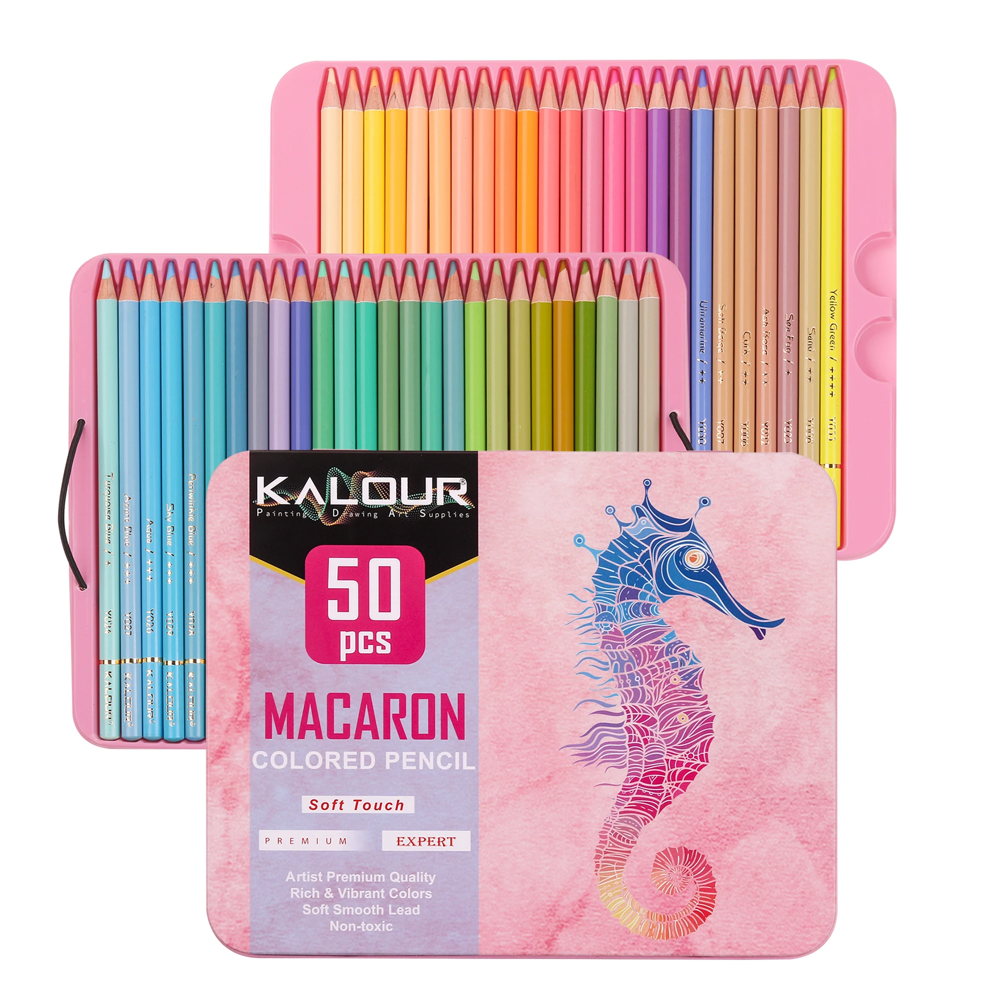 KALOUR Hot Sale High grade Vibrant Colors Soft Core Oil based 50pcs Macaron Pencil Colored Pencils in Tin Box
