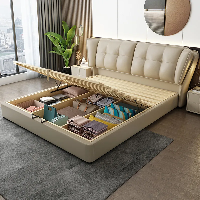 В наличии, оттоманка из искусственной кожи со светодиодной подсветкой и стеганным изголовьем, оттоманка для хранения, газовый подъемник, Современная рама из искусственной кожи