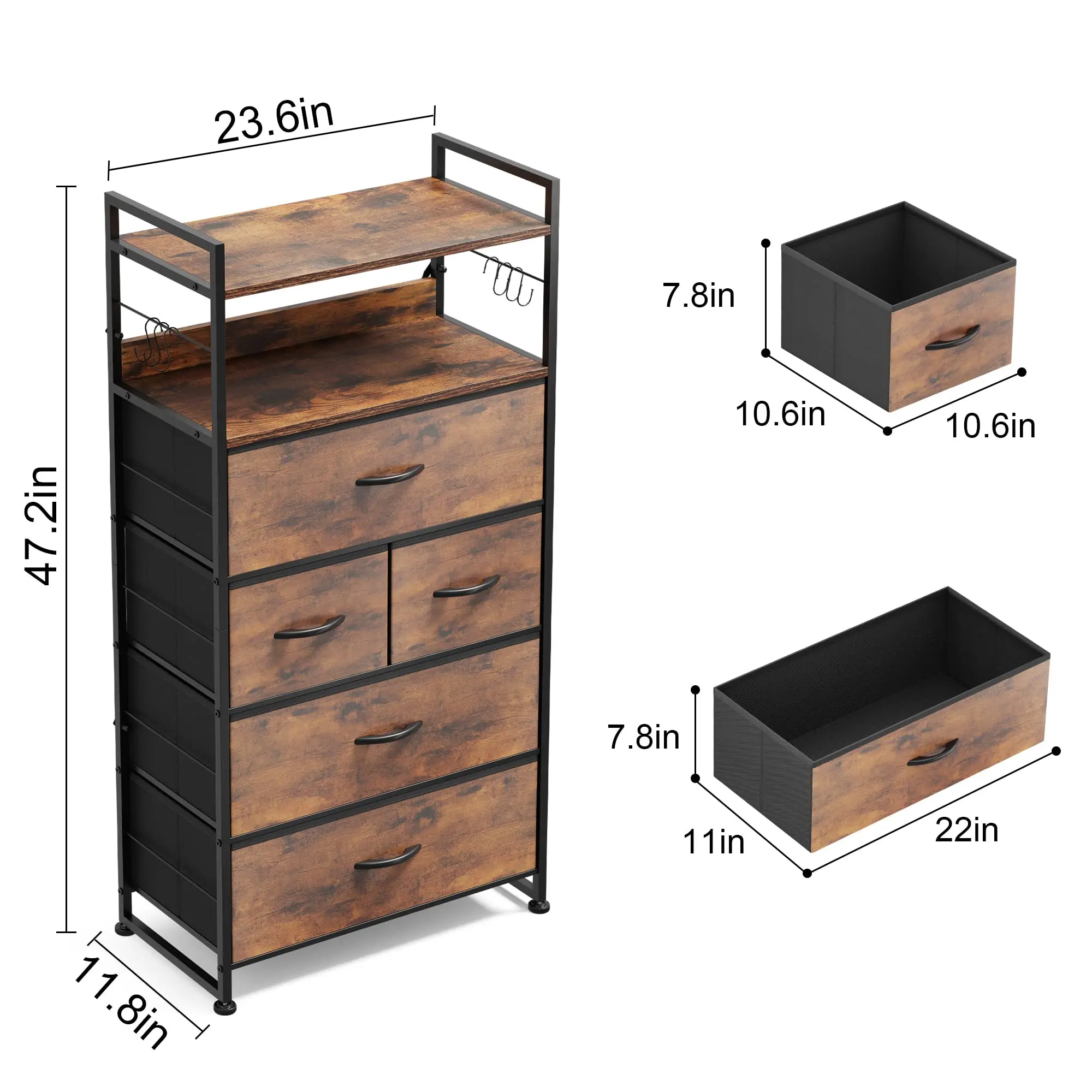 Bedroom Easy Pull Handle Wood Tabletop Sturdy Metal Frame Cationic Fabric 5 Drawers Storage Organizer Unit