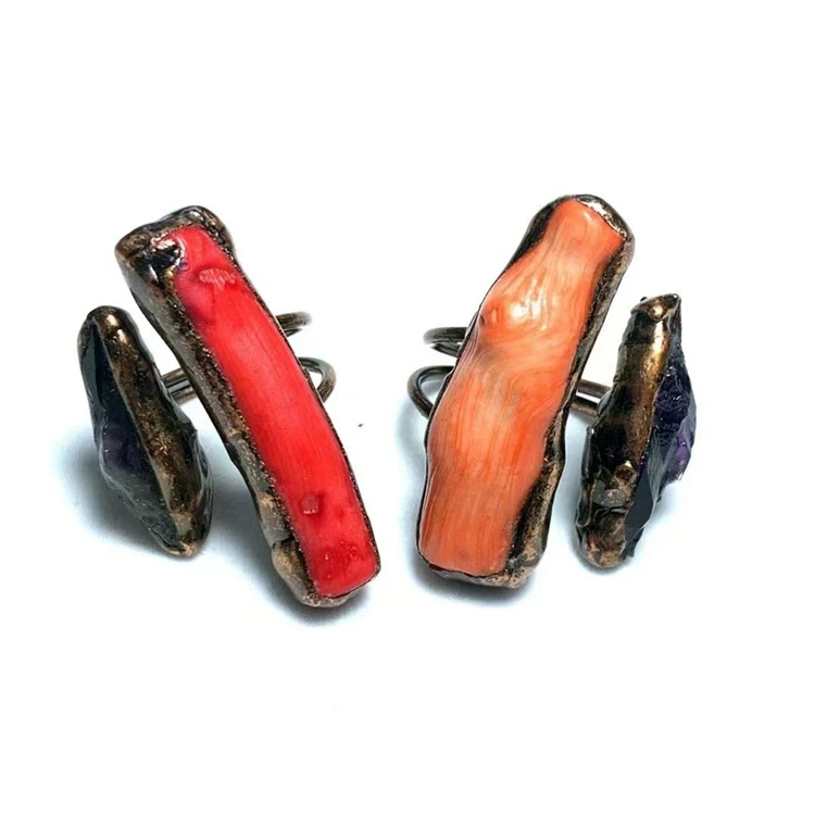 Vintage Rough Gemstone Raw Coral Turquoise Crystal Brass Ring Adjustable Fashion Trendy Copper Jewelry for Women Man Gift