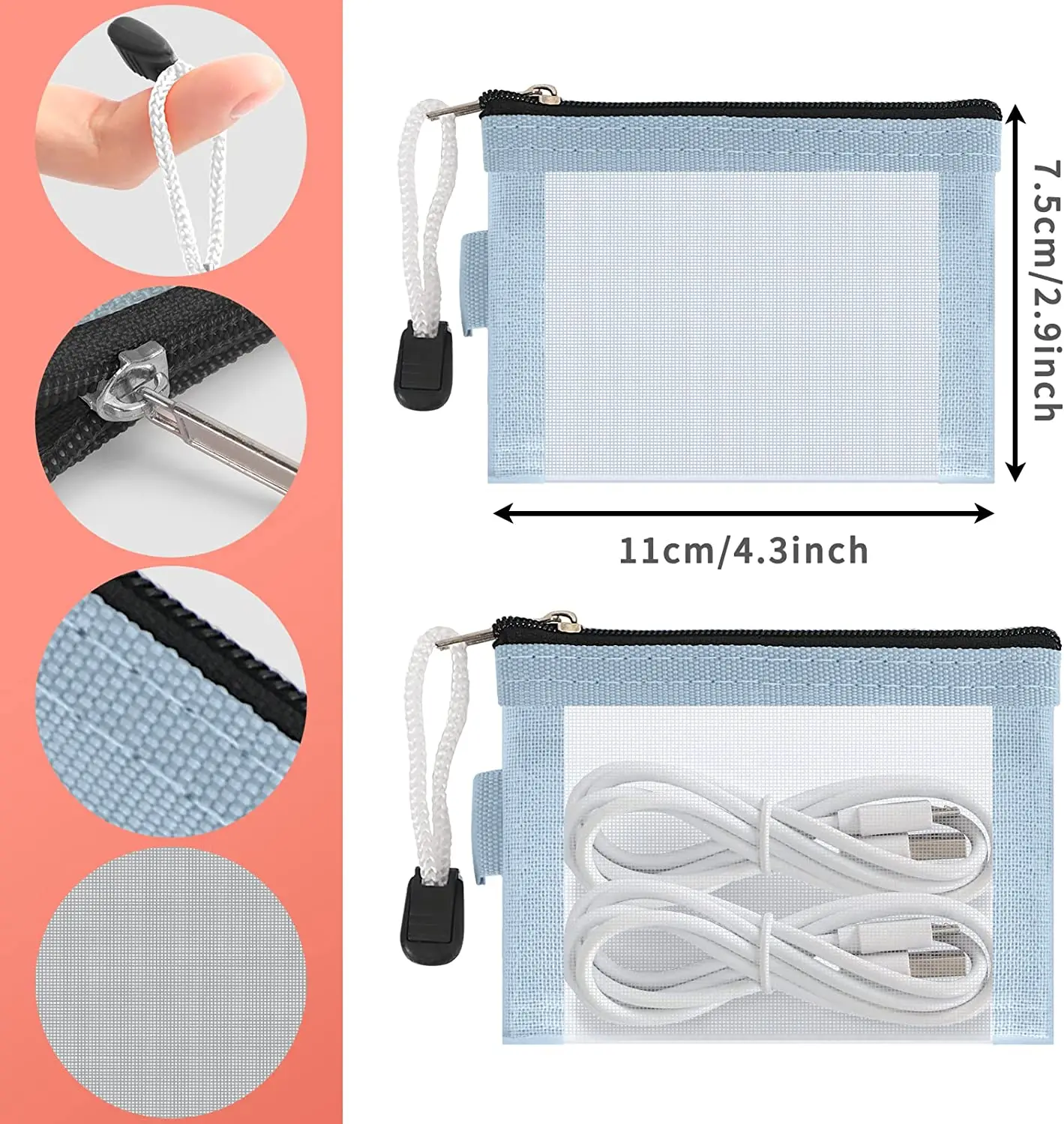 Portable Travel Makeup Cosmetic Mesh Bag Mini Nylon Mesh Zipper Bag For Lipstick, Earphone, Credit Card, Id Card