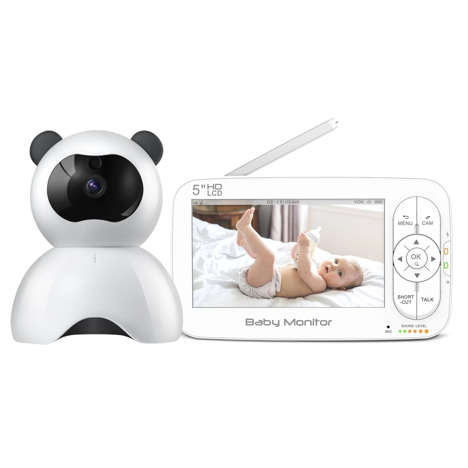 Splitscreen Viewing Crying Detection Night Vision Lullabies 5 inch Large IPS Screen Cute Panda 1080P Baby Monitor Babyphone