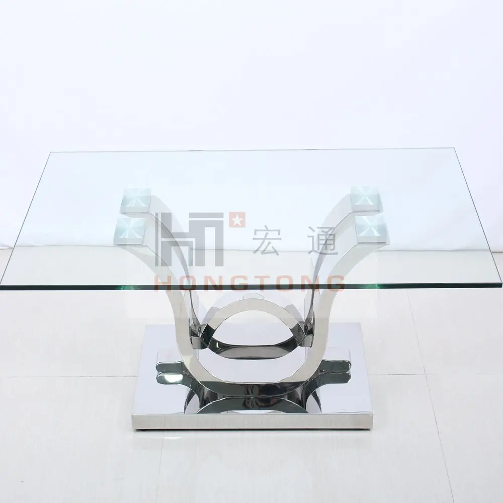 Clear transparent tempered  glass Chrome  stainless steel base coffee table
