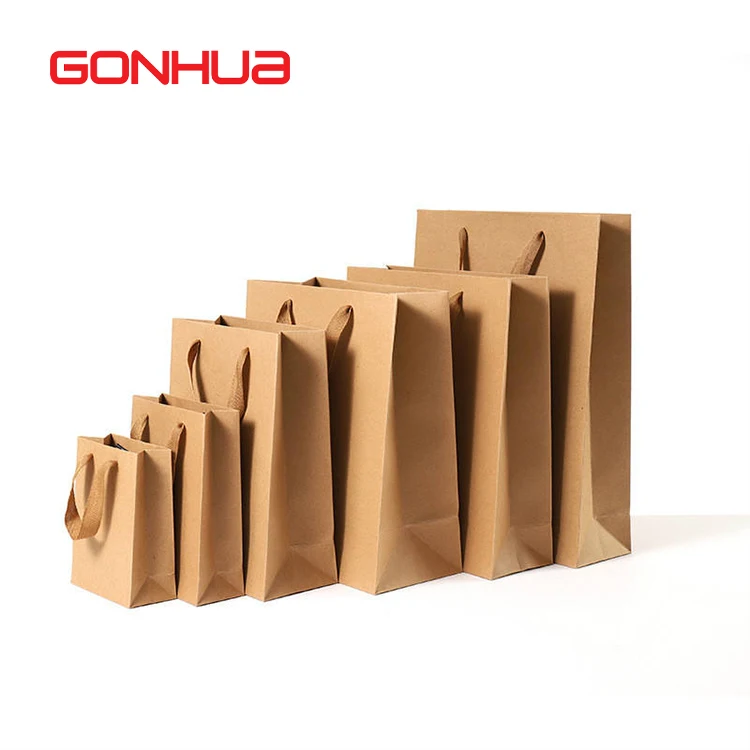GONHUA supplier custom brand logo paper packaging big shopping bag recycled white black brown kraft paper bag with handle