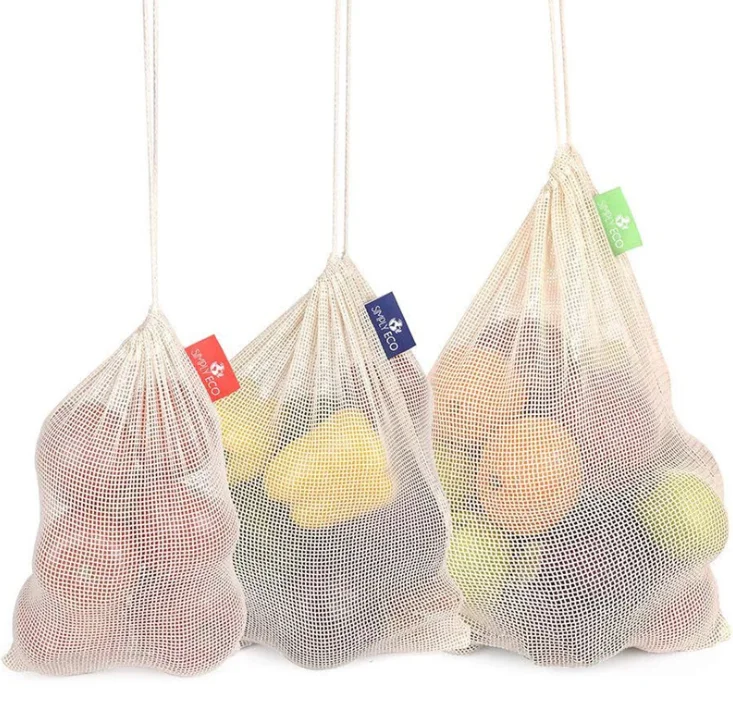 In stock recycled eco friendly cotton mesh bag,mesh drawstring bag,mesh bags for fruits and vegetables