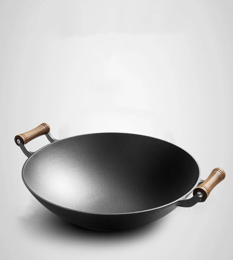 Cast Iron Woks Frying Pan Non-Stick Deep Skillet Double Ears Cooking Pot with Wooden Lid and Wooden Handle