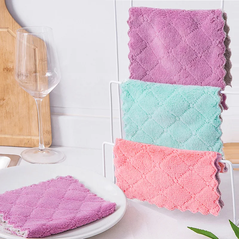 16*27 cm fleece 2 layers coral stock ready kitchen wash cloth microfiber dish towel for home cleaning wholesale