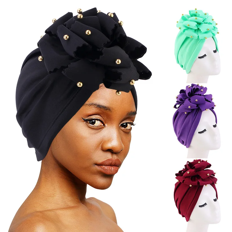 Muslim Solid Color Large 3D Flower Beaded Turban Pretied Hijab Wear Head Turban for Women