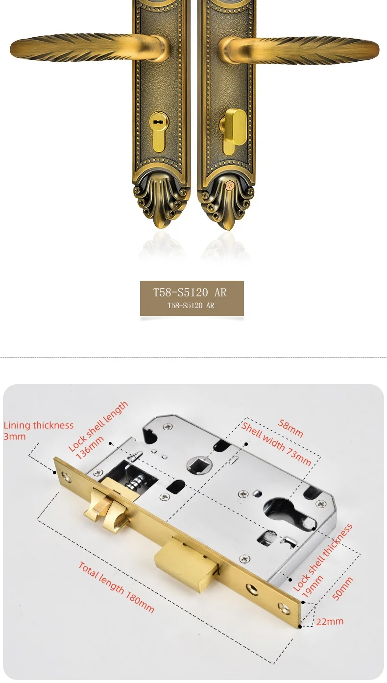 Global durable solid brass copper gold door handle for wooden doors