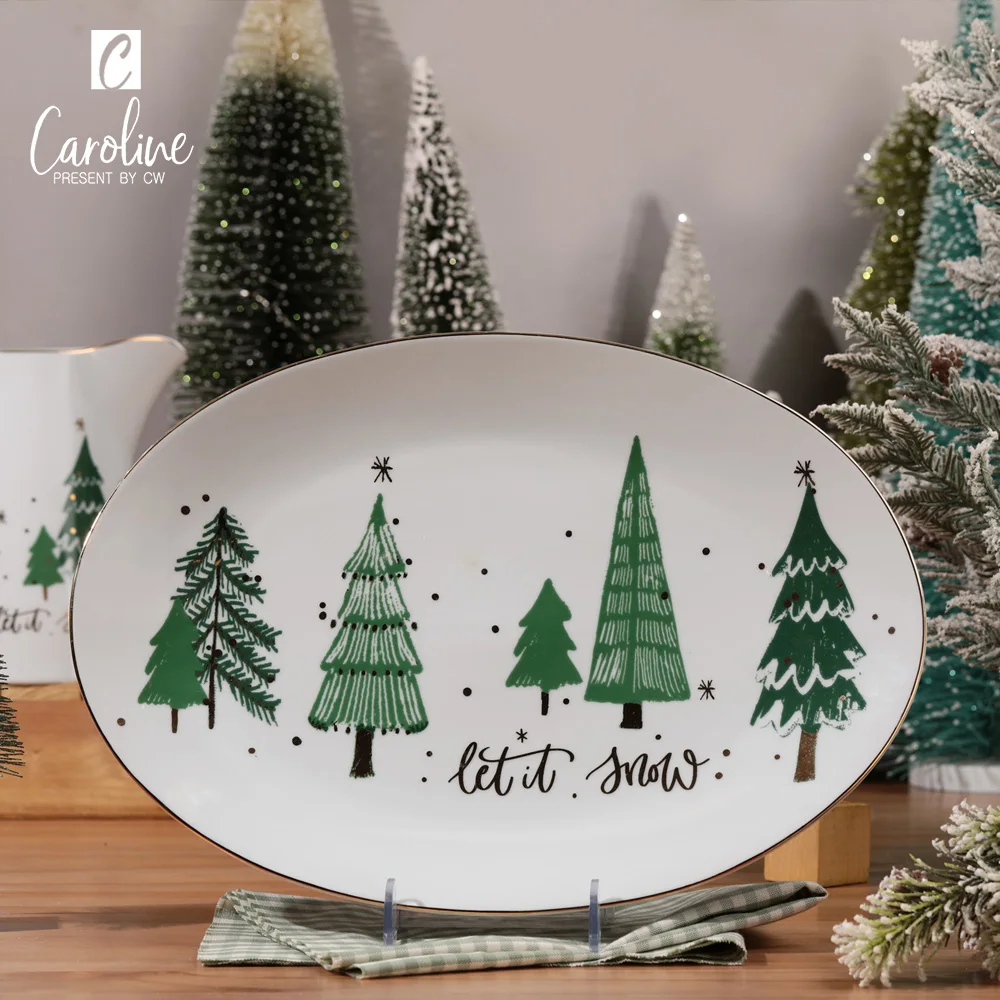 Customized Christmas Gold Decal Ceramic Tableware Sets Dinner Plate