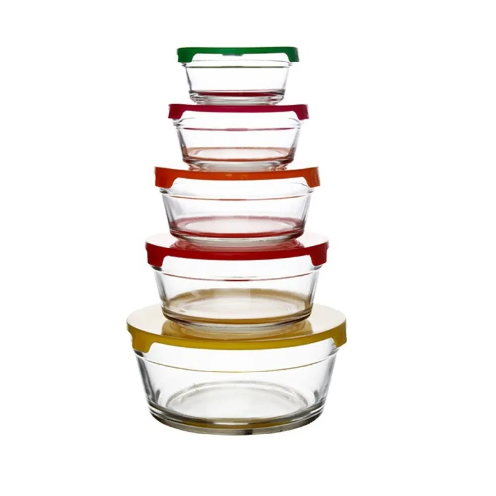 Eco-friendly Wholesale Promotions  5 Pcs Fruit Glass Salad Bowls Set With Lid Glass Container Keep Fresh Bowls