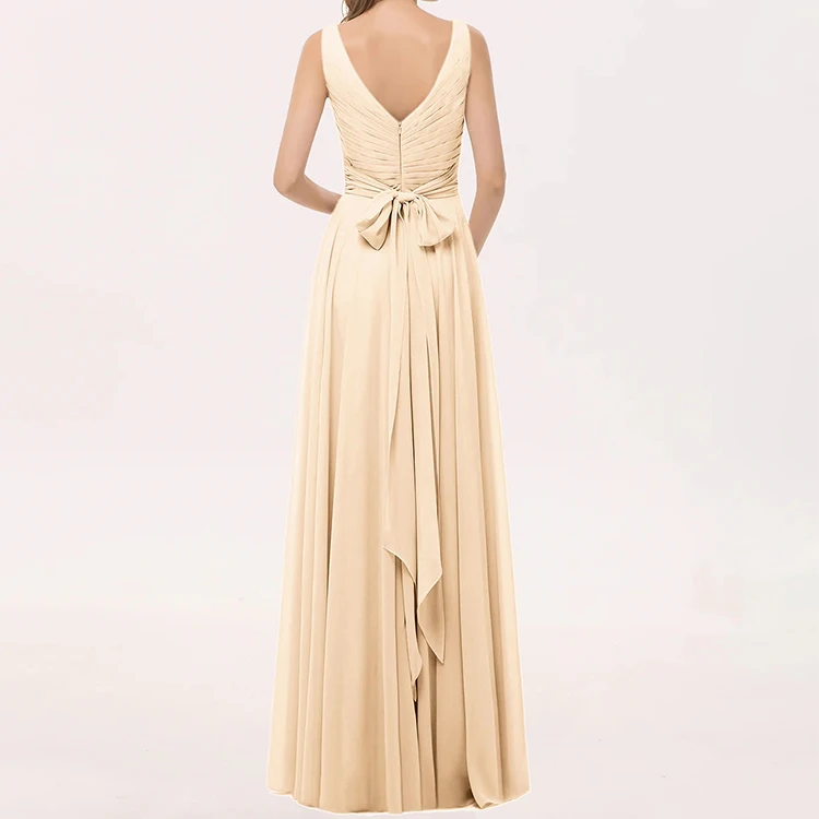 Simple V Neck A-line Floor-length Pleated Long Sleeveless Gown Chiffon Plus Size Bridesmaids Dress With Bow