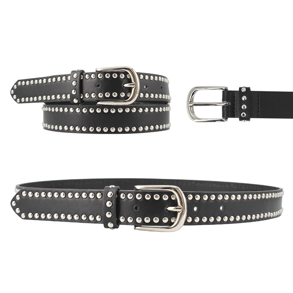 Western Women Belt Young Fashion Designer Belts Silver Studded PU Leather Fashion Belt