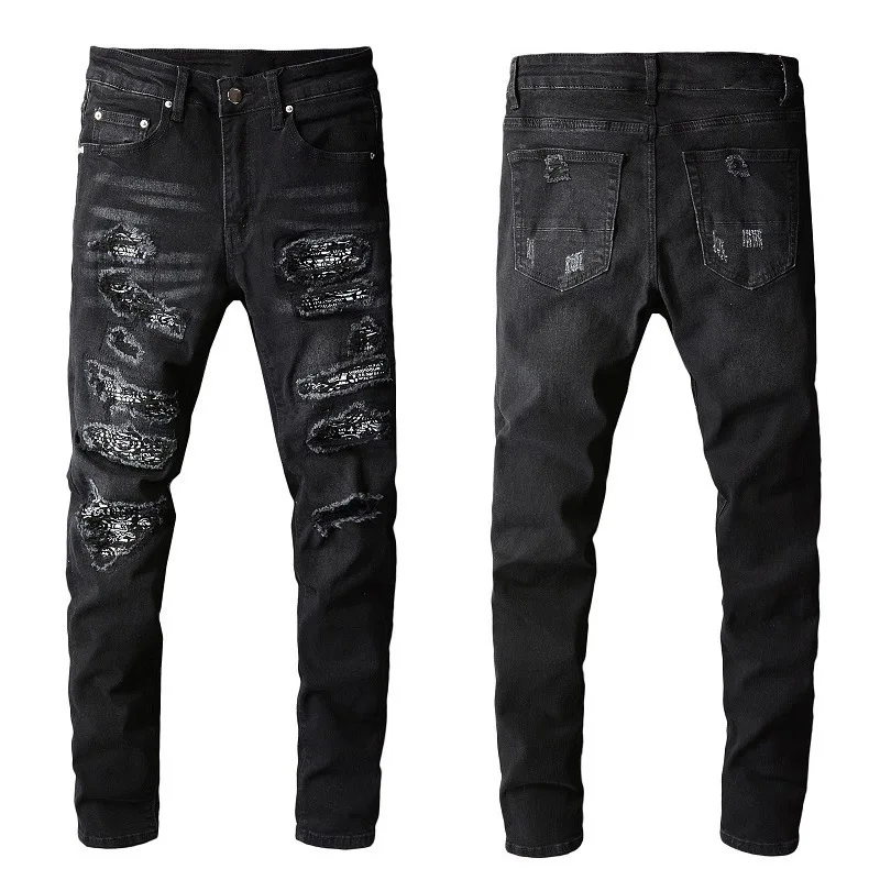 Wholesale black cashew flower sticker cloth worn and torn denim jeans for men tight and elastic fit denim pants
