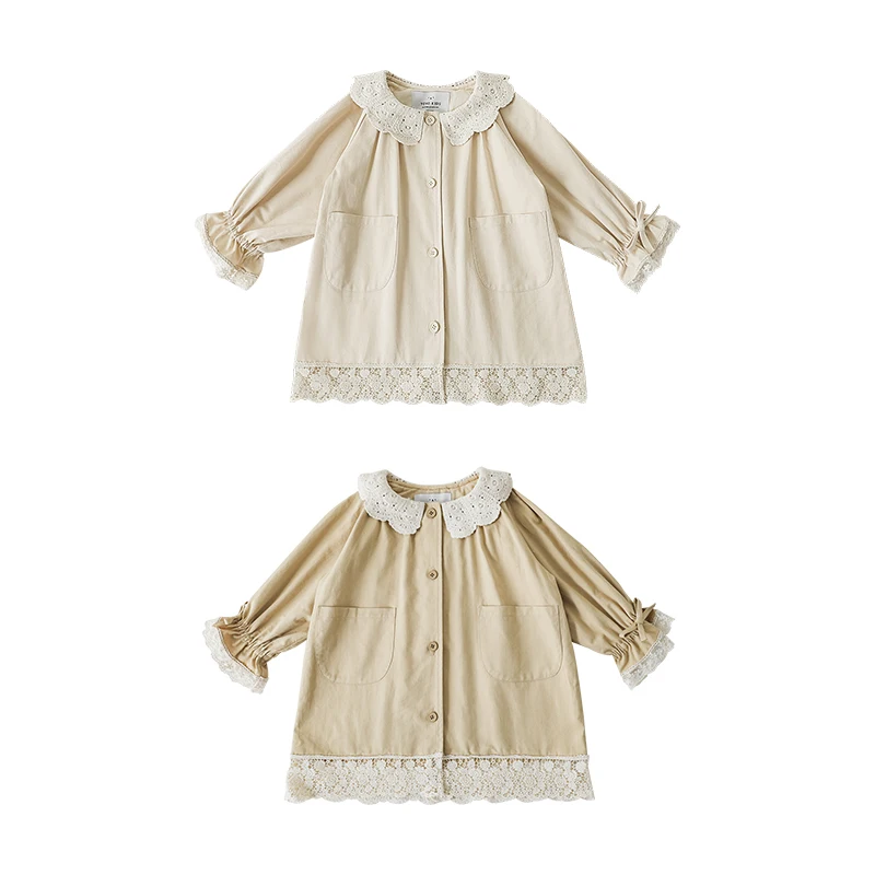 custom children clothes simple vintage-inspired long-sleeved top lace collar overcoat cardigan outerwear resembles trench coat