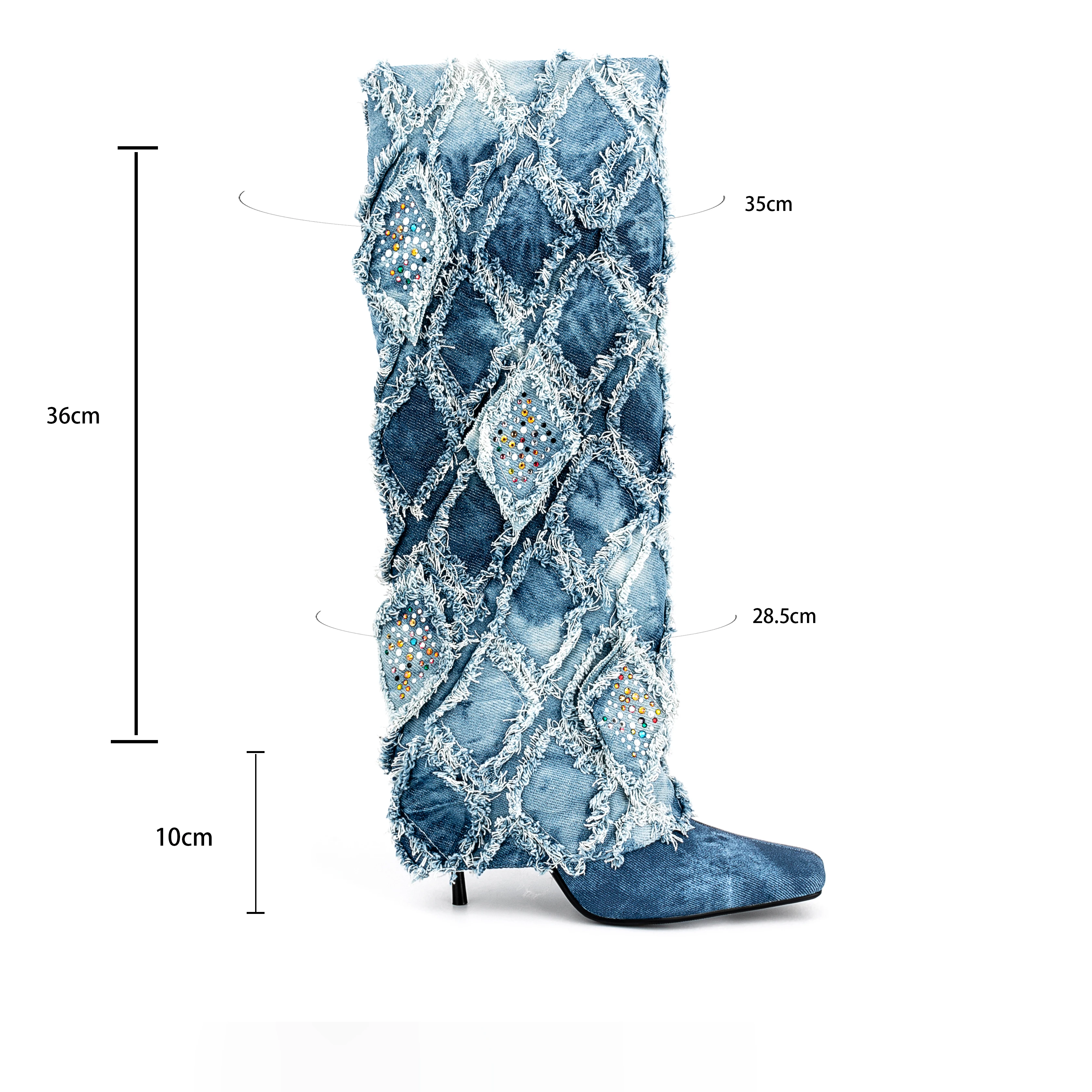 Argyle Fur Denim Knee-High Boots Square Toe High Heel Shoes For Women And Ladies 2023 New Fashion Winter Spring Jeans Boots