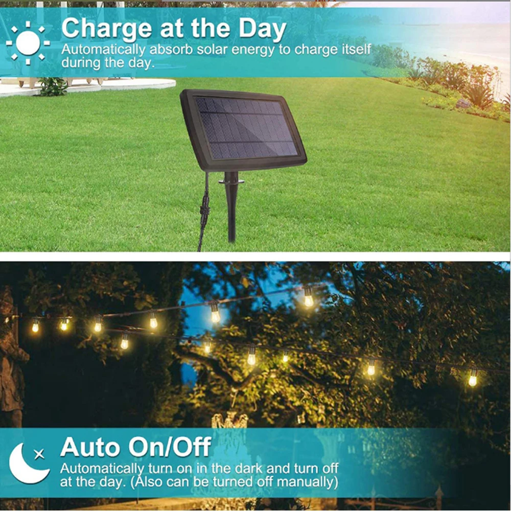 Outdoor Waterproof Patio Lights 48ft Solar Powered 15 Shatterproof S14 LED Bulbs Outdoor String Lights for Garden Backyard Yard